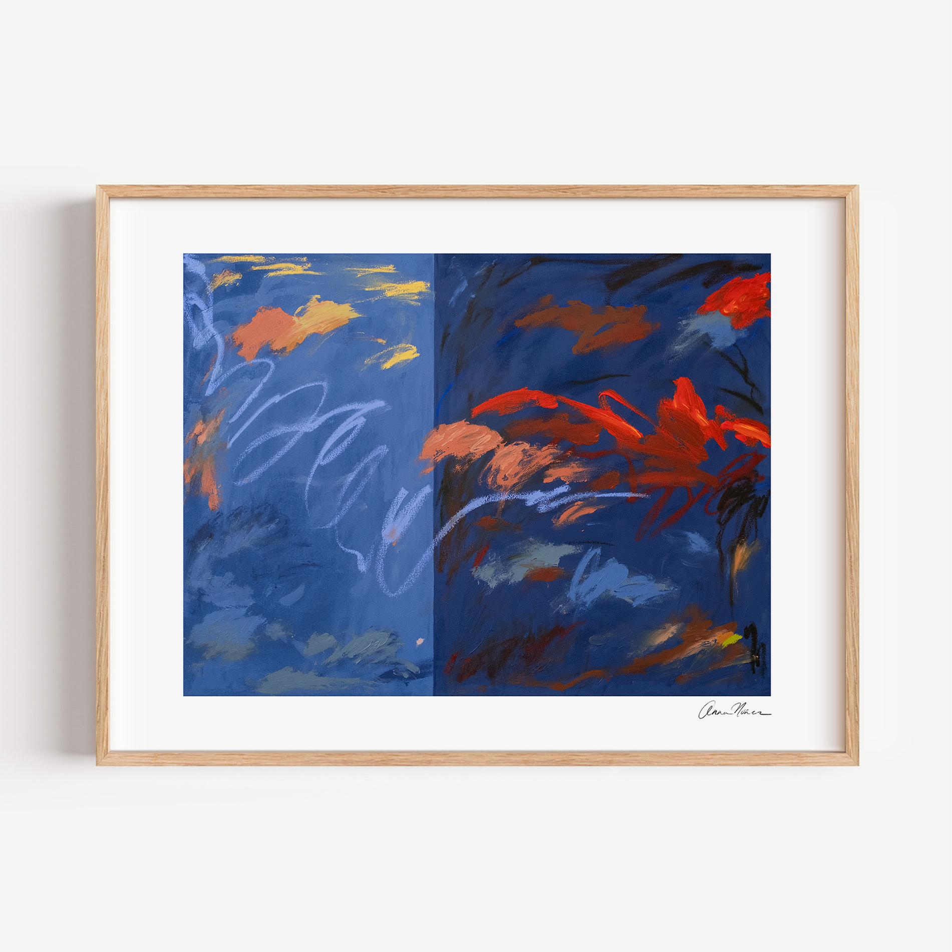 abstract artwork with blue and red colors on a white background