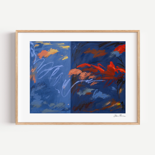 abstract artwork with blue and red colors on a white background
